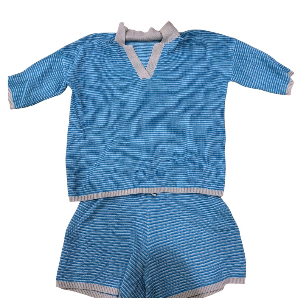 Tankaneo Womens Sweater Set 2 Piece Knit V Neck 3/4 Sleeve Shorts Blue Grey S